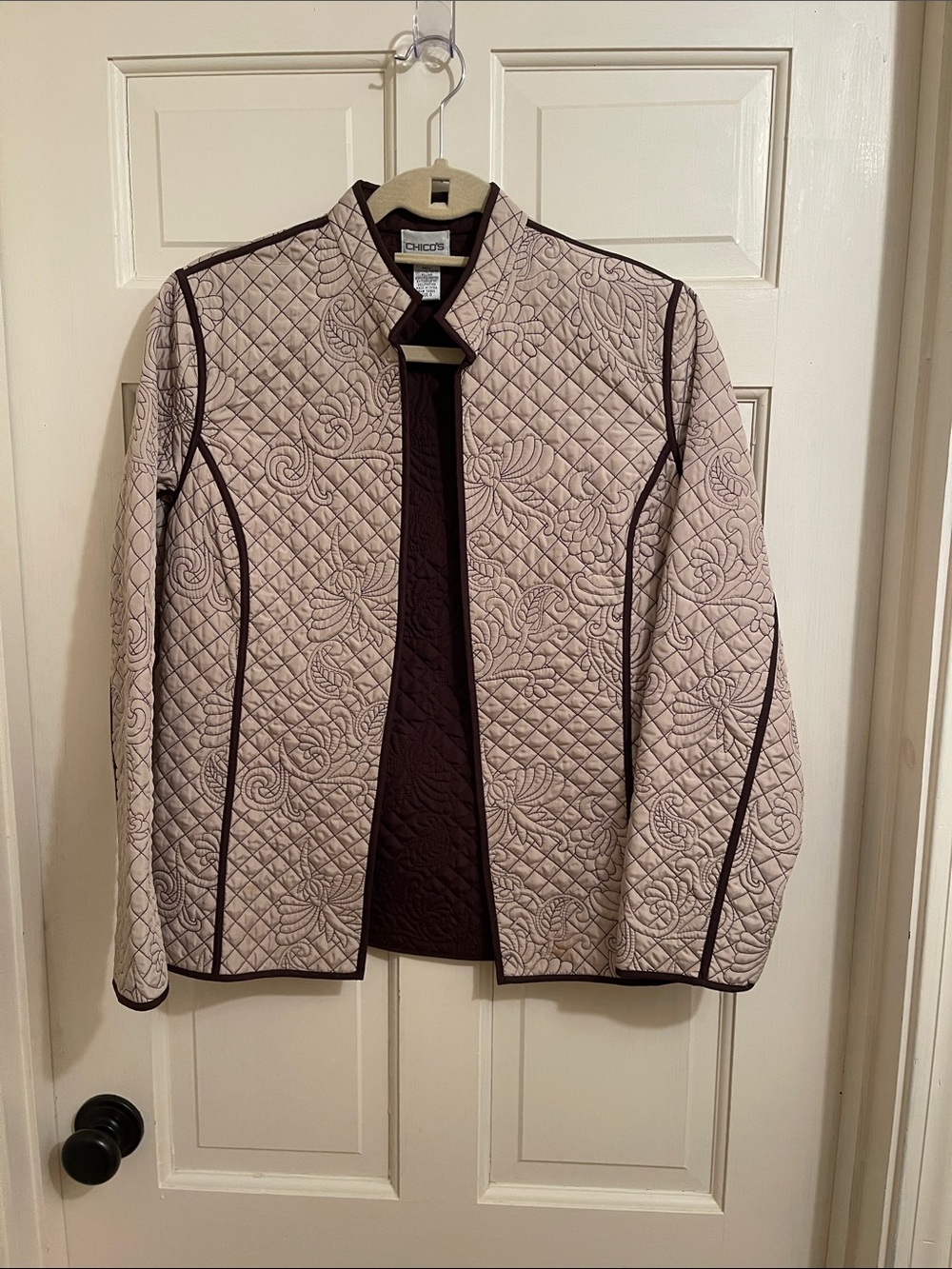 Chico's Quilted Floral Mandarin Collar Jacket in Taupe with Dark Brown Trim
